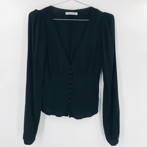 Reformation Nell Crepe Puff Sleeve V Neck Long Sleeve Black Size Small